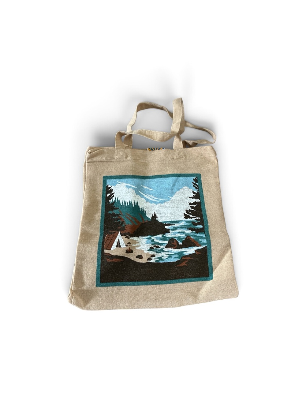 Canvas Tote Bag with Coastal Landscape Print - Natural